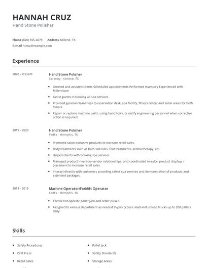 Hand Stone Polisher Resume