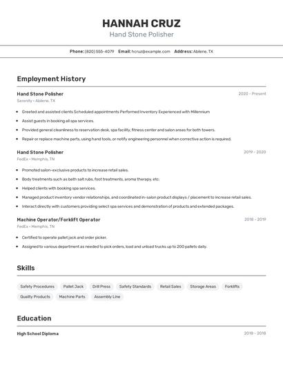 Hand Stone Polisher Resume