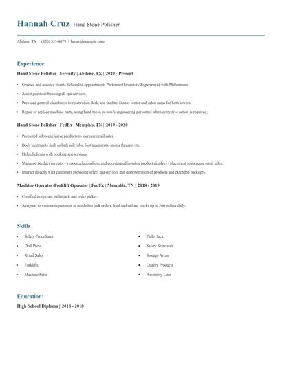 Hand Stone Polisher Resume