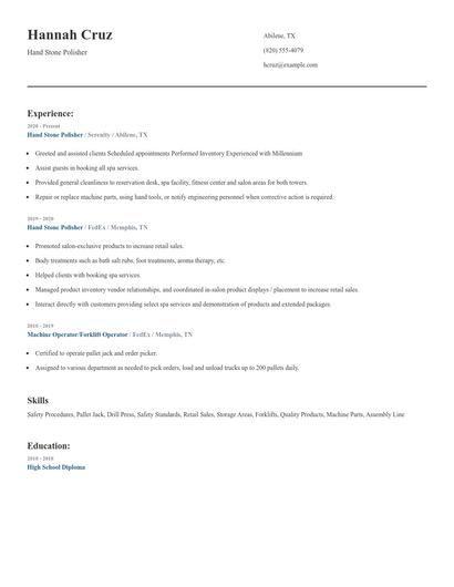 Hand Stone Polisher Resume