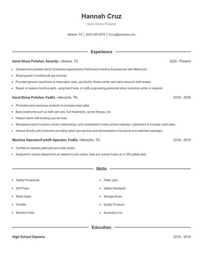Hand Stone Polisher Resume