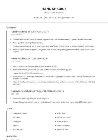 Hand Stone Polisher Resume