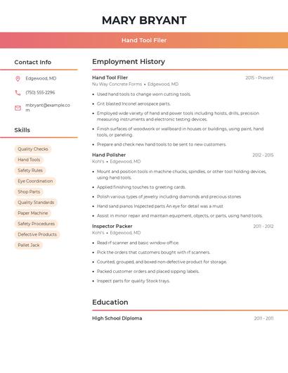 Hand Tool Filer Resume