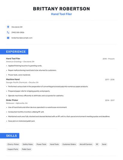 Hand Tool Filer Resume