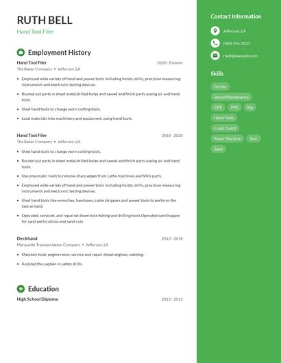 Hand Tool Filer Resume