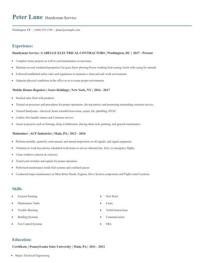 Handyman Service Resume