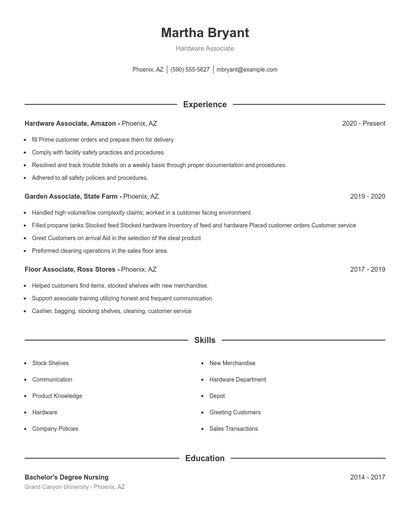 Hardware Associate Resume