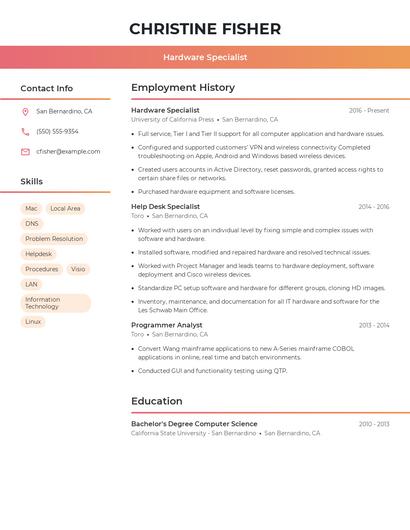 Hardware Specialist Resume