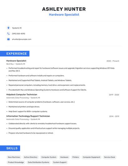 Hardware Specialist Resume