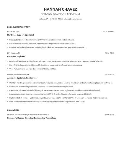 Hardware Support Specialist Resume