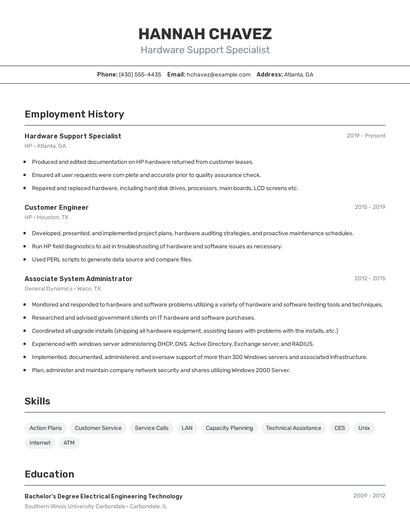 Hardware Support Specialist Resume