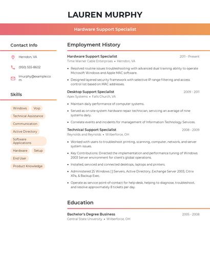 Hardware Support Specialist Resume