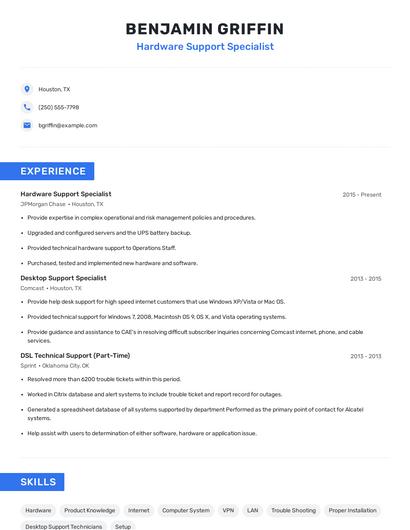 Hardware Support Specialist Resume