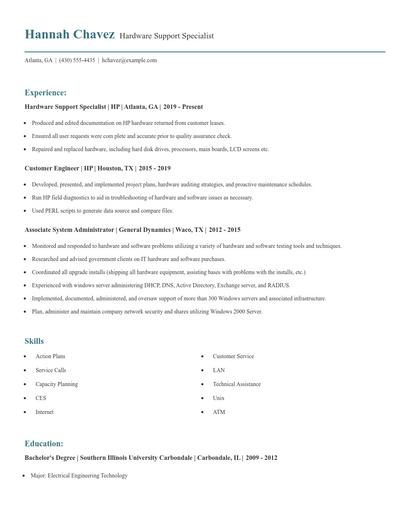 Hardware Support Specialist Resume