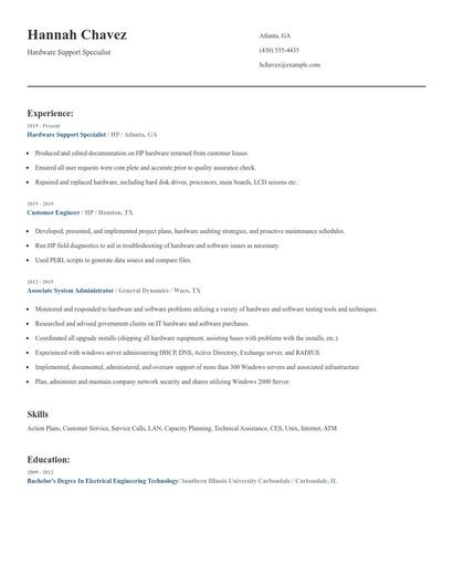 Hardware Support Specialist Resume
