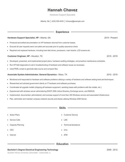 Hardware Support Specialist Resume