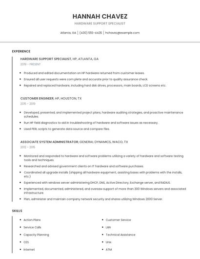 Hardware Support Specialist Resume