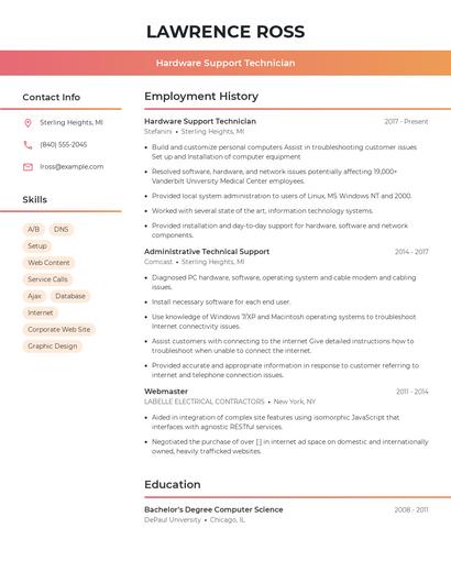 Hardware Support Technician Resume