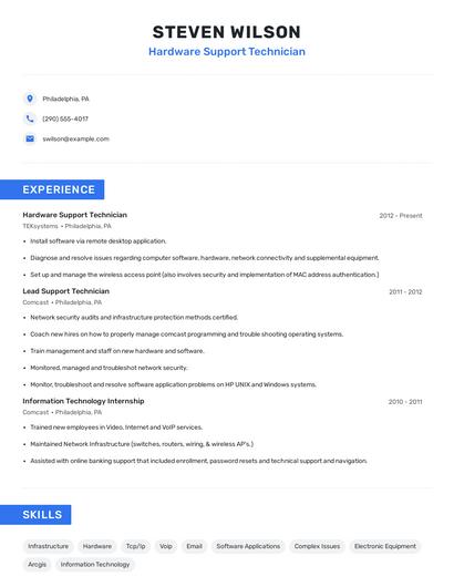 Hardware Support Technician Resume