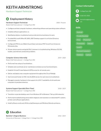 Hardware Support Technician Resume
