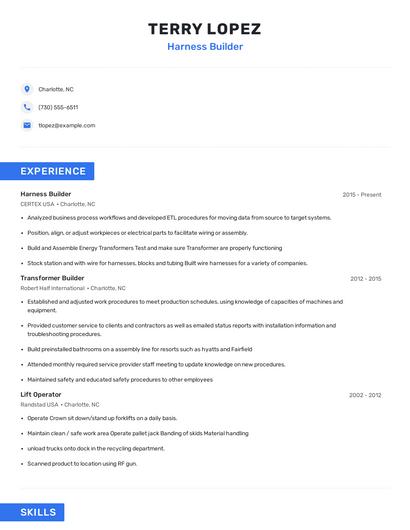 Harness Builder Resume