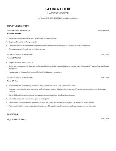 Harvest Worker Resume