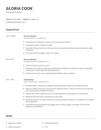 Harvest Worker Resume