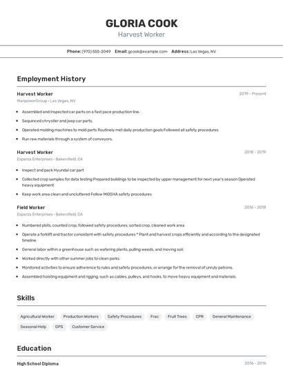 Harvest Worker Resume