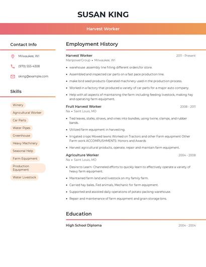 Harvest Worker Resume