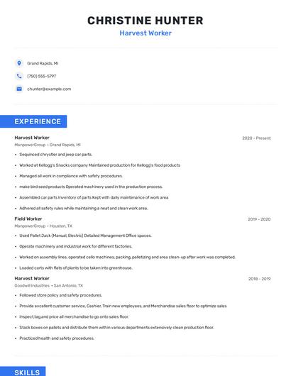 Harvest Worker Resume
