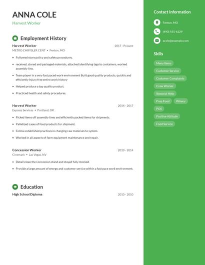 Harvest Worker Resume