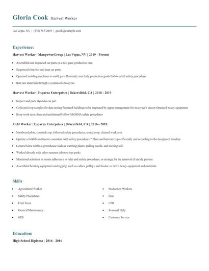Harvest Worker Resume