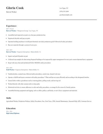 Harvest Worker Resume