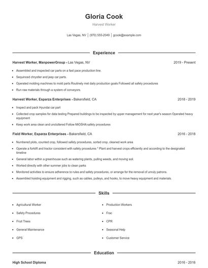 Harvest Worker Resume