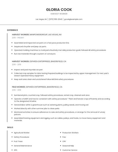 Harvest Worker Resume