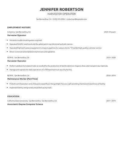 Harvester Operator Resume