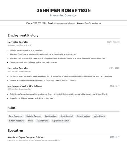 Harvester Operator Resume