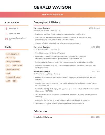 Harvester Operator Resume