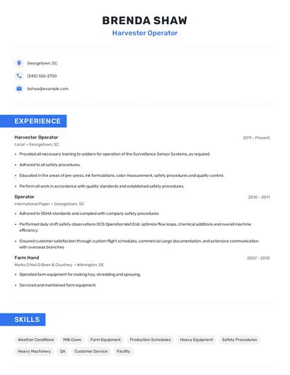 Harvester Operator Resume