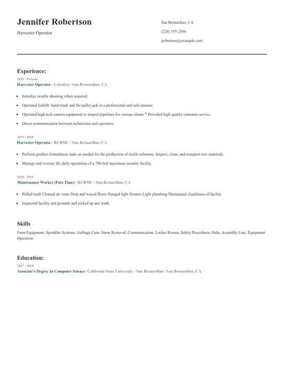 Harvester Operator Resume