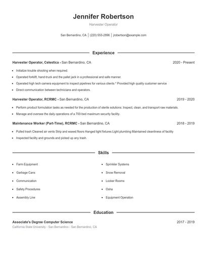 Harvester Operator Resume