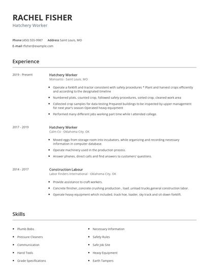 Hatchery Worker Resume