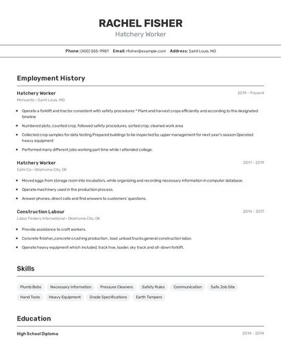 Hatchery Worker Resume