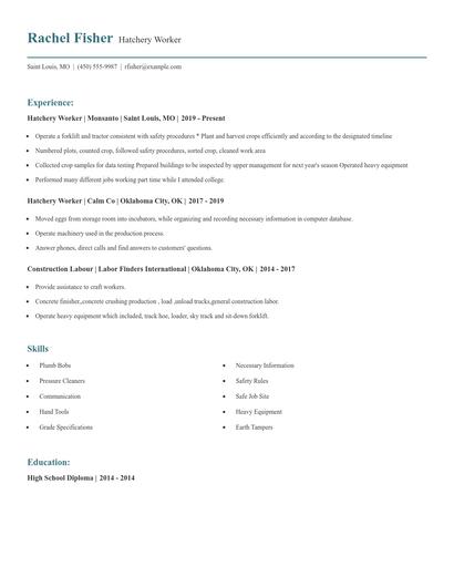 Hatchery Worker Resume