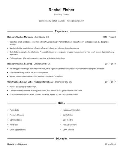 Hatchery Worker Resume