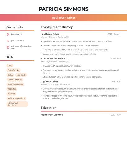 Haul Truck Driver Resume