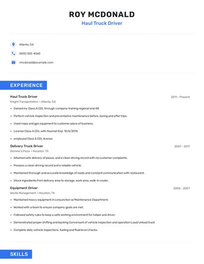 Haul Truck Driver Resume