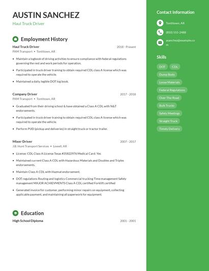 Haul Truck Driver Resume