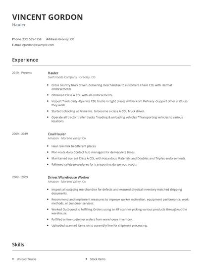 Hauler Resume
