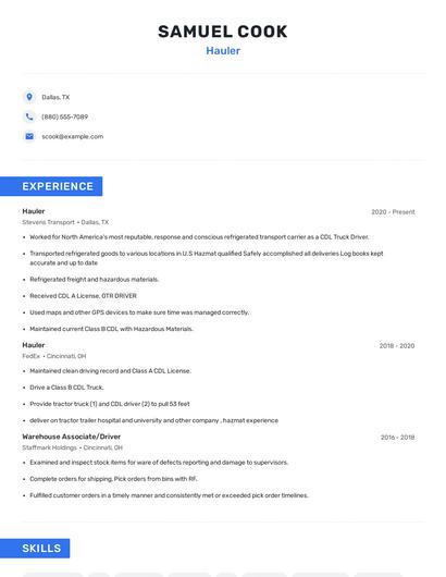 Hauler Resume